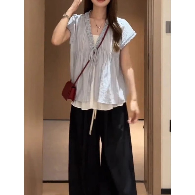Áo sơ mi nữ giả hai mảnh tay ngắn sọc mỏng form rộng — Màu xanh lam