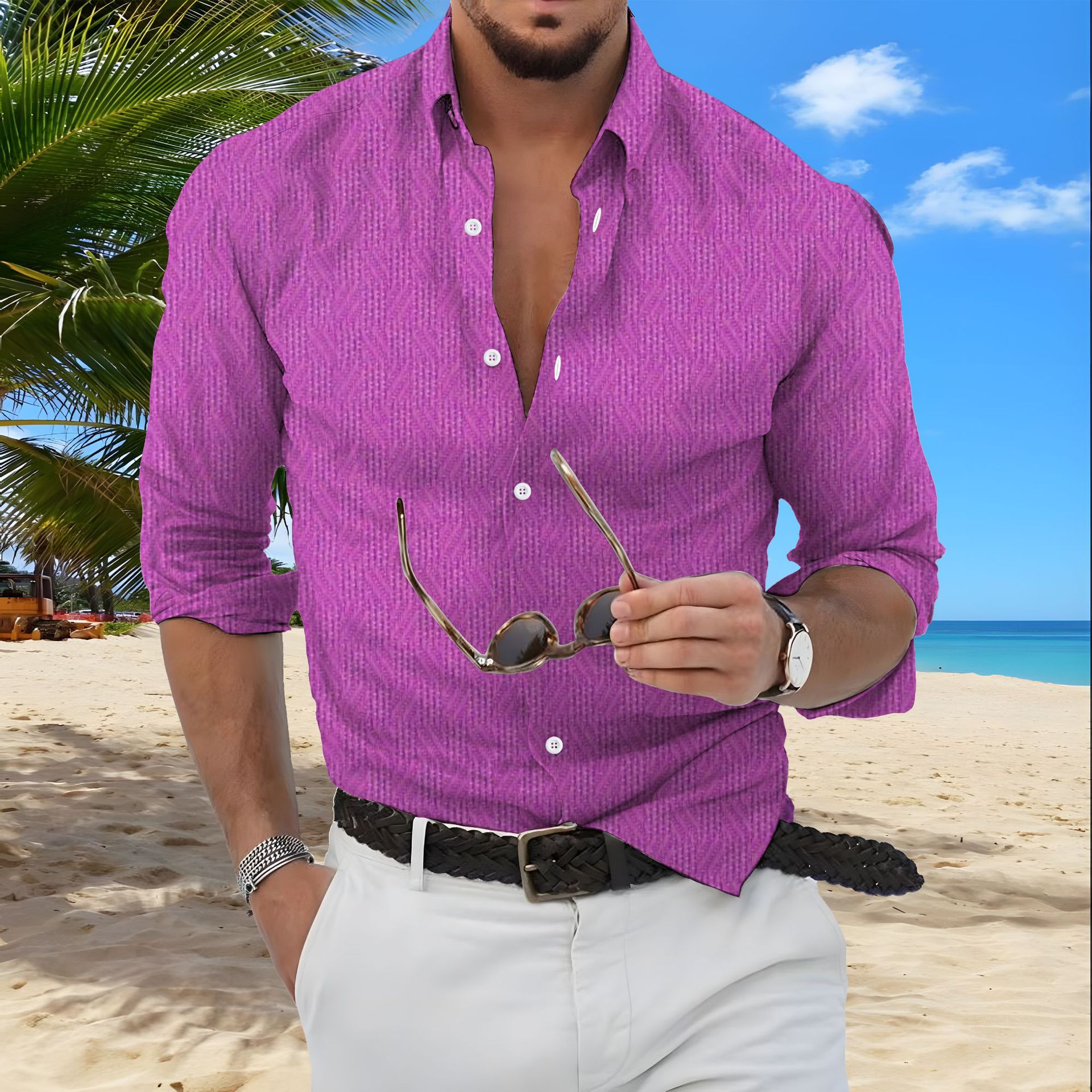 Sommerliches, lässiges, einreihiges, langärmliges, einfarbiges Revers-Cardigan für Herren mit locker sitzendem Hemd_voghion.com