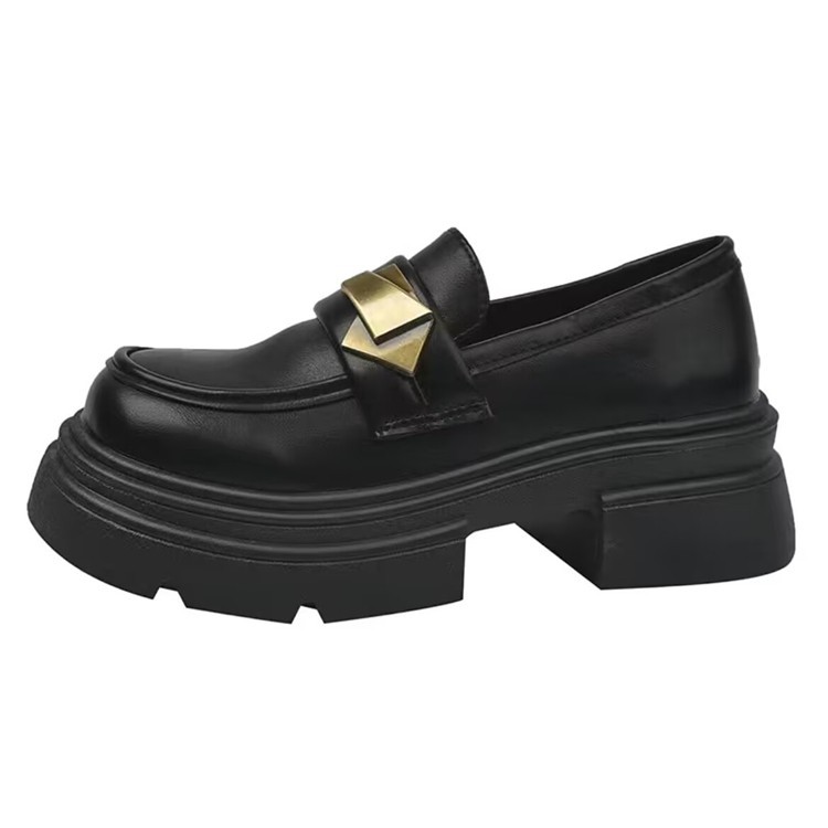 Schwarze Retro Damen Leder Loafer Mit Plateau Und Blockabsatz_voghion.com