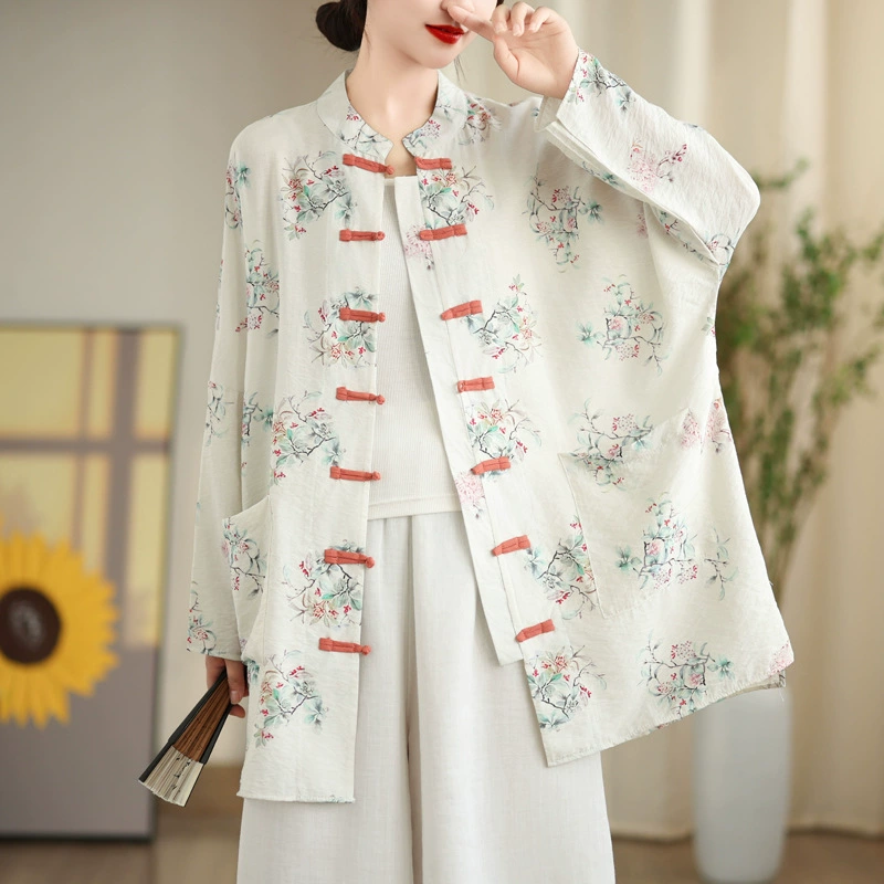 Реже литературный шелковый и конопляный принт мягкий чай костюм большого размера новый китайский кардиган куртка солнцезащитный крем куртка женский