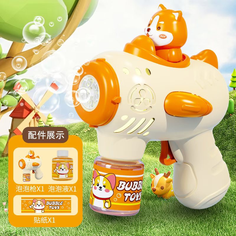 Nuevo estilo transfronterizo de la máquina de burbujas Corgi, juguetes, pistolas de burbujas eléctricas de mano totalmente automáticas para niños, puestos al por mayor