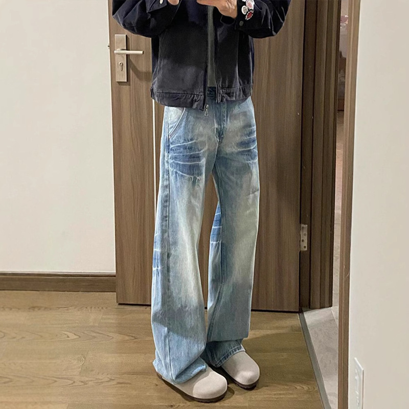 水洗蓝直筒牛仔裤男春秋款美式高街vibe裤子cleanfit弯刀微喇长裤|undefined