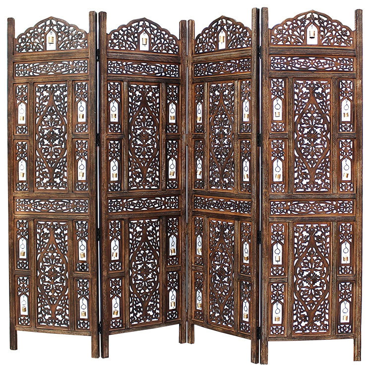 Processing Custom Vintage White 4 Panel Wood Room Divider Screen, Double Sided Engraving Wooden Screens