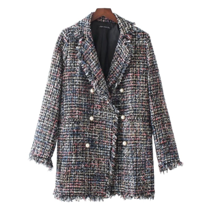 Estilo europeo y americano Primavera y otoño Mediados de longitud Tweed perla hebilla borla Socialite Plaid Plus tamaño abrigo de mujer