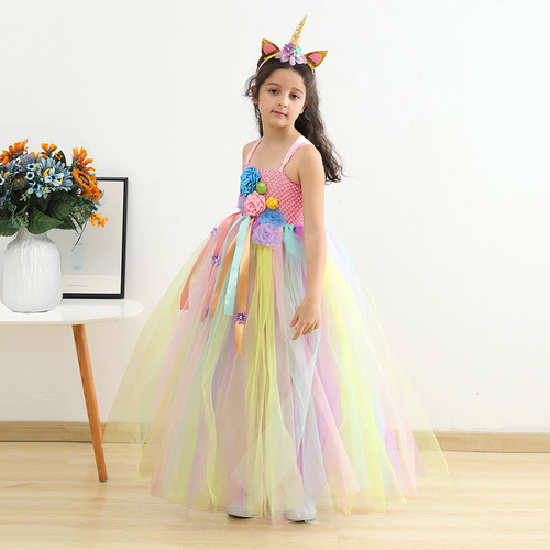 European and American children's clothing 2024 new lined girls' dress long floral tutu skirt mesh princess dress