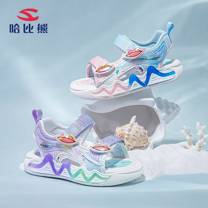 Habi Bear Princess Sandals Summer Girl's One-word Sandals Open Toe Soft Sole Beach Shoes School Sports Sandals