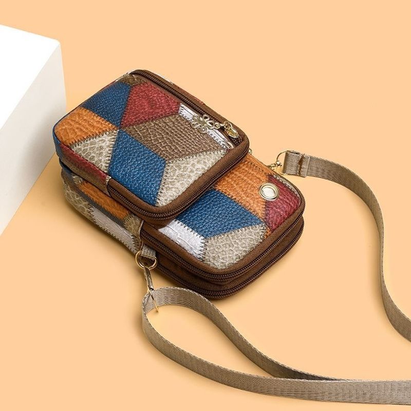 Qadın üçün retro yamaq rəngli mini telefon çantası, çiyin çantası