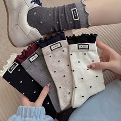 木耳边袜子女双罗口点点中筒袜日系布标字母堆堆袜无骨春秋棉袜