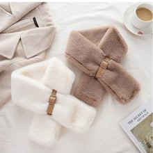 女秋冬季护颈围脖新款交叉加厚保暖黑色围巾仿獭兔毛毛绒领子围巾