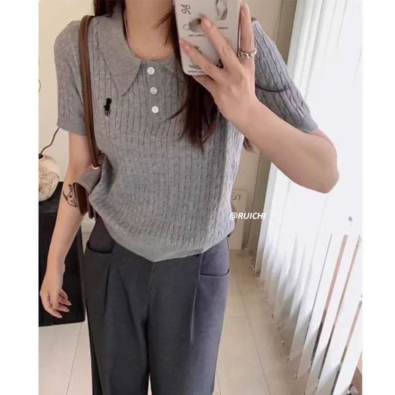 韓国ポニー刺繍ポロ襟ツイストニット半袖Tシャツレディース夏スリムで万能なショートトップA3958|undefined