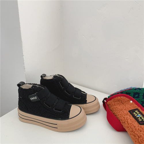  Autumn/Winter Plush Warm High-Top Canvas Shoes for Women, Hong Kong Style, Original Style, Magic Tape Cotton Shoes, Korean Version, Street Style, Versatile Shoes