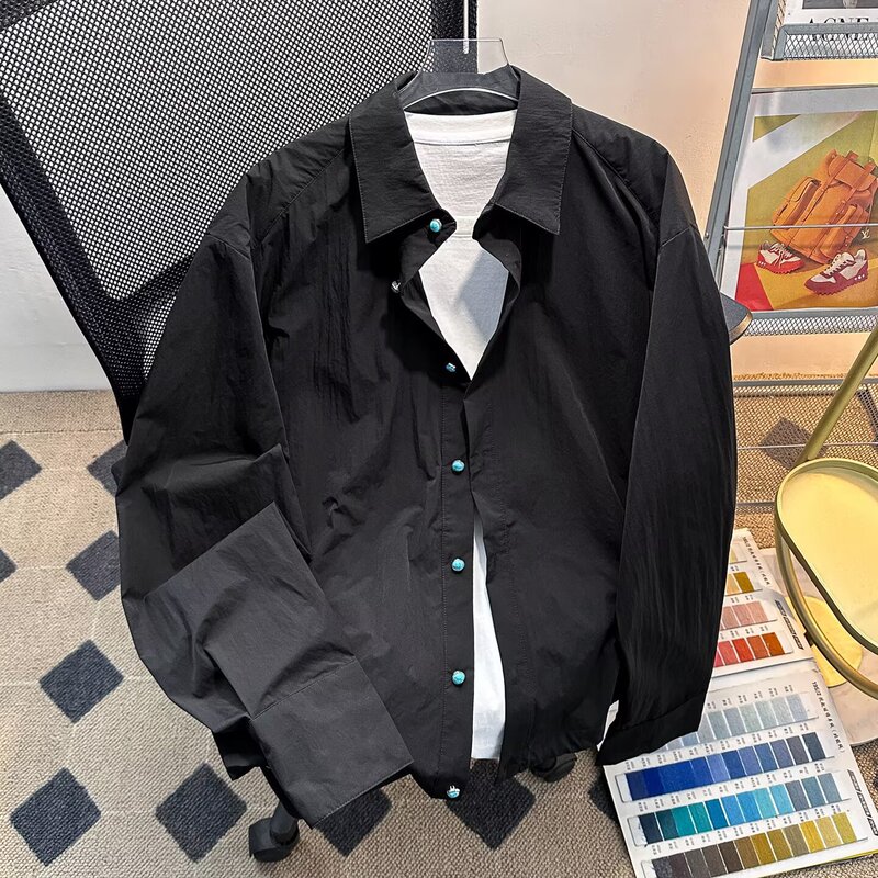 Tears of the Ocean Long-Sleeved Shirt Men's High-End Handsome Turquoise Pleated Shirt White Cleanfit Jacket
