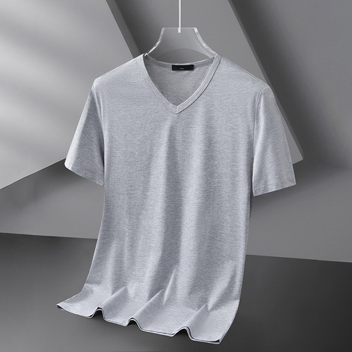 Men's Summer Thin Modal Ice Silk V-Neck Pure Black Solid Color Quick-Dry Short Sleeve T-Shirt