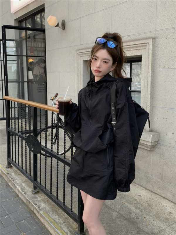 运动防晒套装女美式复古夏长袖连帽冲锋衣外套宽松休闲短裙两件套|undefined