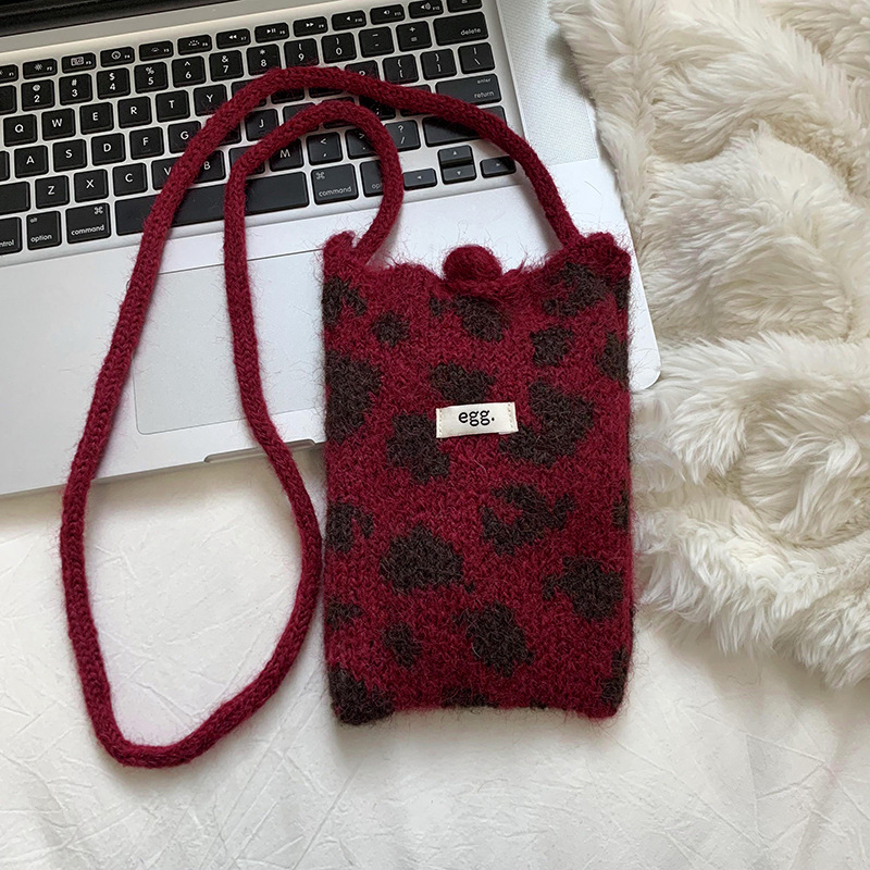 Bolso de teléfono móvil de punto otoño y invierno nuevo estilo versátil coreano Dongdaimen retro estampado de leopardo moda bolso de lana cambio bolso de llaves