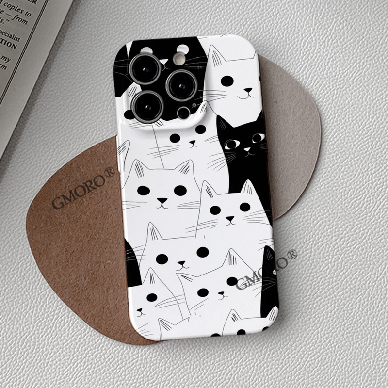Black and white simple cartoon cat phone case, personalized design, high-definition print, full-coverage, drop-proof phone case for iPhone