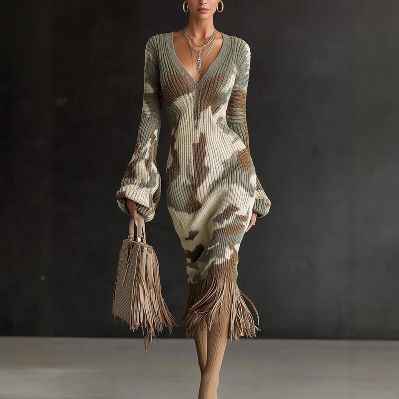 temu Elegant Women's Sweater Knit Dress Creative Vintage Print Soft V-neck Slim Fit Tassel Dress temu Elegant Women's Sweater Knit Dress Creative Vintage Print Soft V-neck Slim Fit Tassel Dress