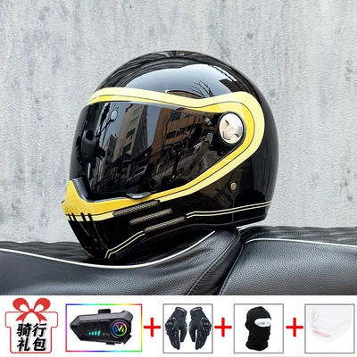 Certified Retro Motorcycle Full-Face Helmet, Motosiklet kaskı (dəbilqə) - bright-black-track-tea-mirror-transparent-mirror-delivered-y10-soft-wheat-m