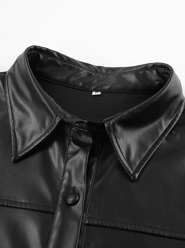 Black PU Leisure Shirt, European-Style Fashion Top with Stretch, Modern Chic for versatile leisure wear
