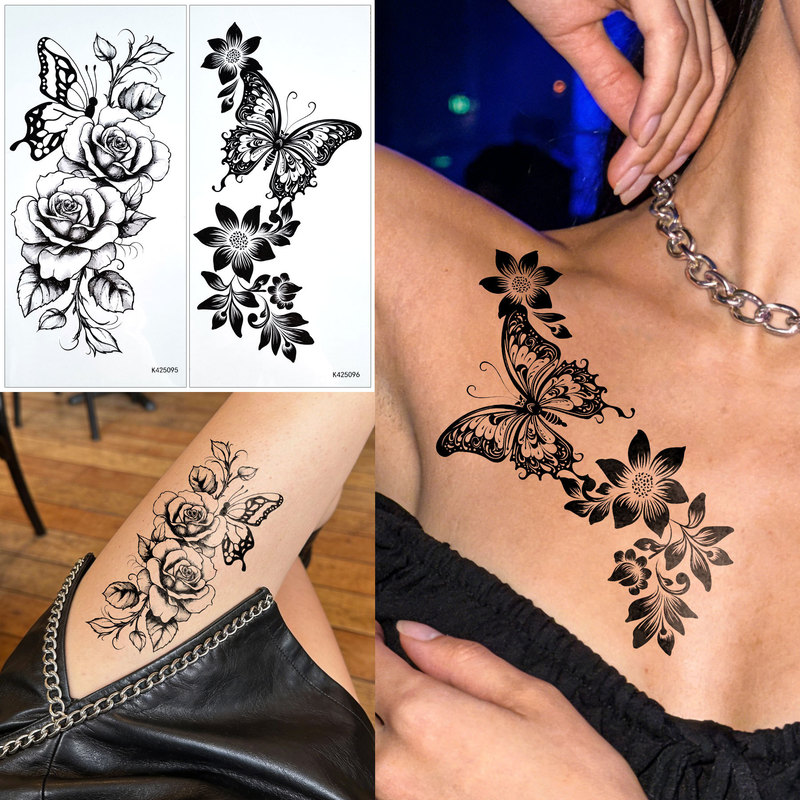 Cross-Border New Style Black Ink Butterfly Flower Tattoo Stickers Waterproof and Sweat-Proof Simulated Tattoo Stickers European and American Style Temporary Tattoo Stickers