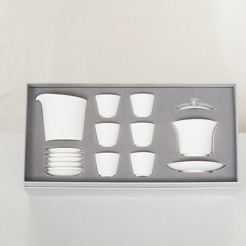 Juego de taza de té justa de tazón blanco de luna nuevo juego de té de Kung Fu chino juego de caja de regalo reunión de oficina regalo hecho a mano