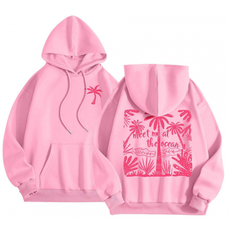 XS--5XL落肩袖螺纹时尚印花连帽衫女式卫衣长袖套头沙滩运动外套