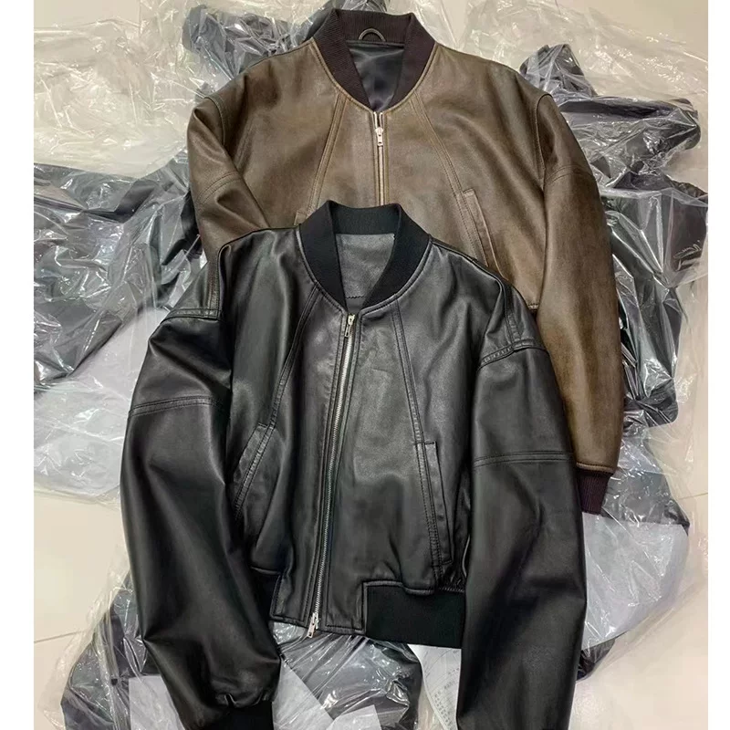 Short retro baseball uniform, jacket, genuine leather, oversize