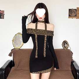 性感辣妹复古时尚豹纹连衣裙女春季新款紧身显瘦拼接包臀短裙子潮