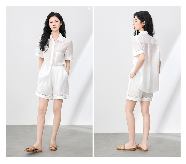 Áo sơ mi khoác pha vải lanh Tencel tay dài + quần short rộng thùng thình bộ hai mảnh mùa hè — Màu trắng chi tiết 14