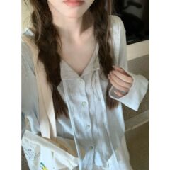 薄款温柔风蓝色开衫上衣女百搭罩衫长袖外套其它假二件套