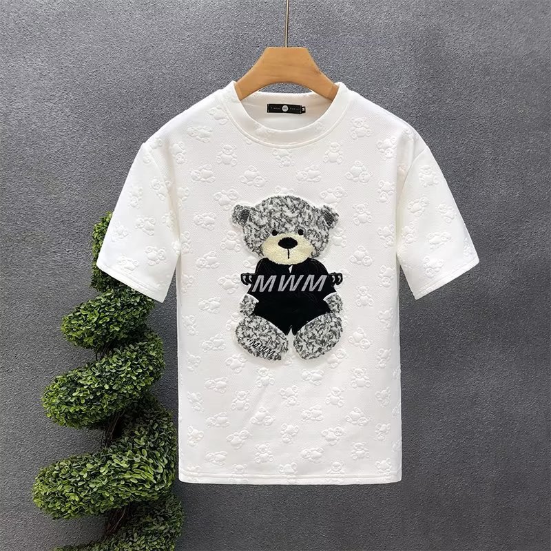 Camiseta masculina de manga curta com bordado de urso de alta qualidade, gola redonda, tendência de desenho animado -- rosto do Tiktok para impressão_voghion.com