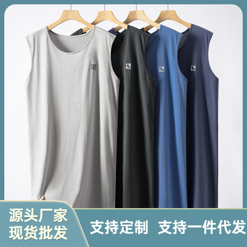 夏季新款男士睡衣背心纯棉无袖睡裙圆领简约休闲宽松可外穿家居服