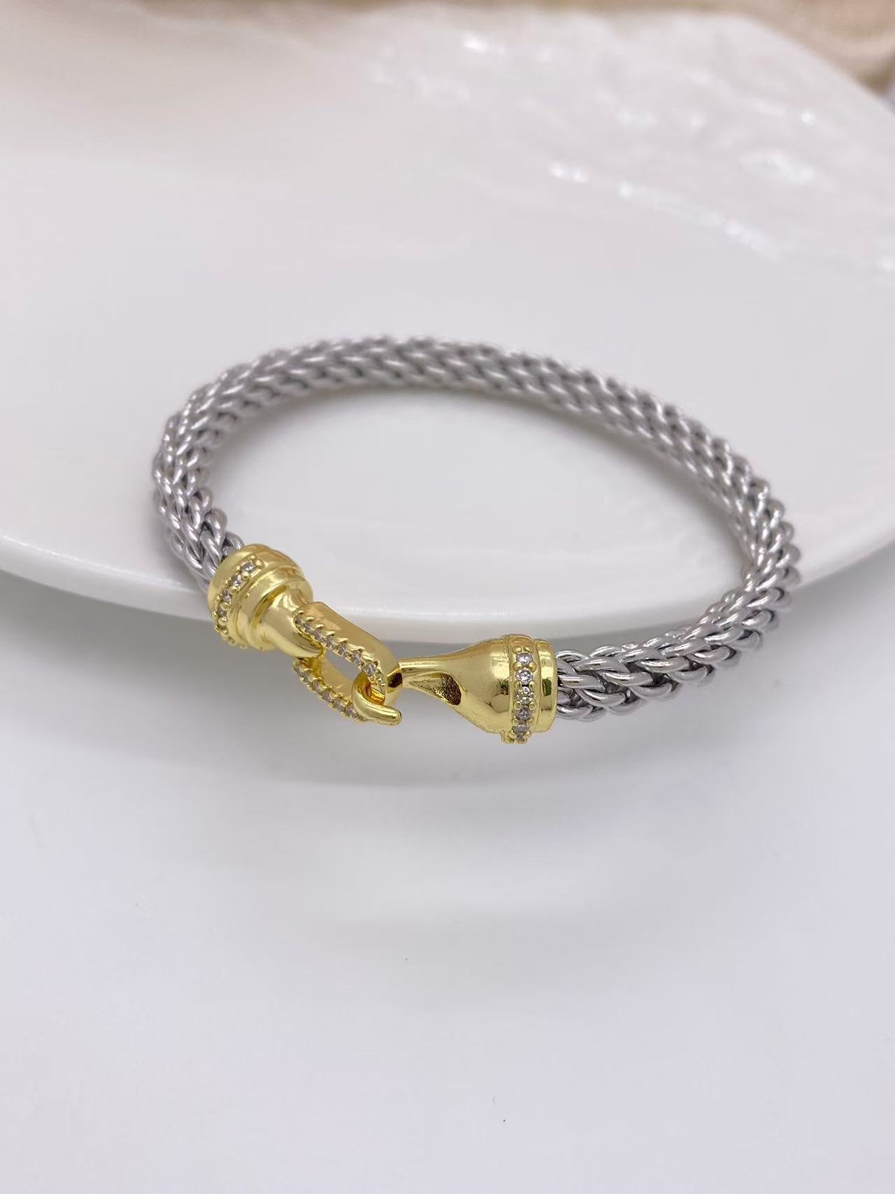 Copper Material Wholesale Jewelry Simple Style Geometric Copper Zircon 18K Gold Plated Mixed Metal Inlay Bracelets Necklace