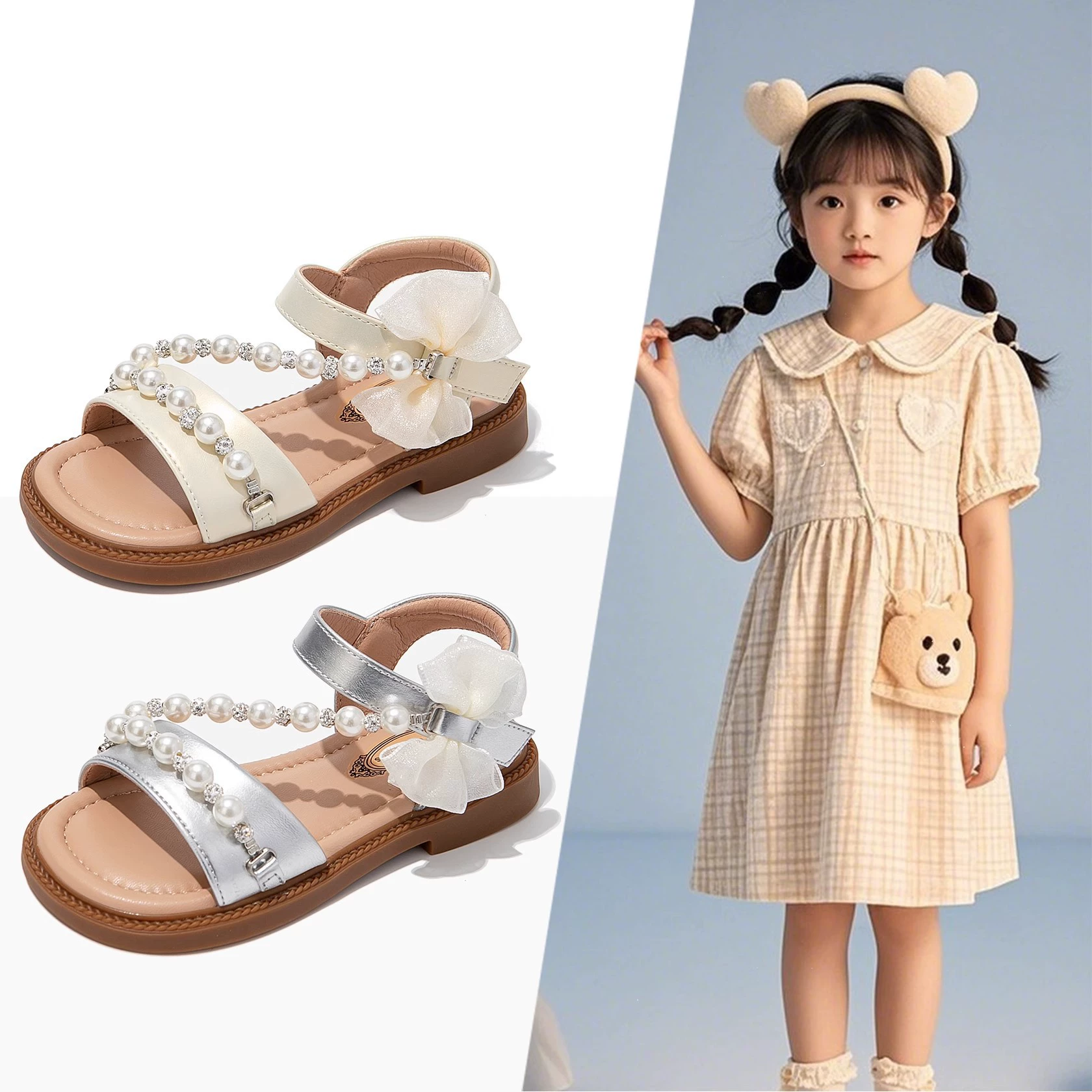 Детские сандалии 2025 летний новый стиль маленькая девочка жемчужная обувь принцессы для девочек мягкая подошва дышащая пляжная обувь