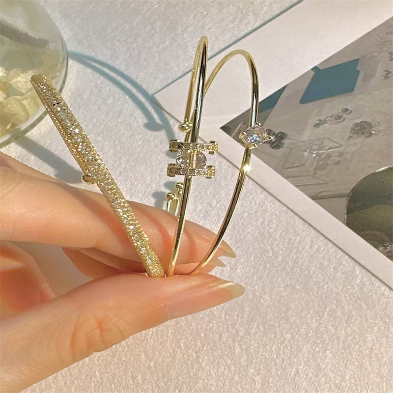 Multi-Piece Adjustable Gold Letter Bracelet Set for Women, Full Diamond Open Copper Micro-Inlaid Electroplated Design, Three-Piece Stackable Set