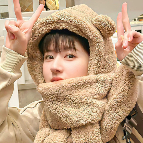 Winter New Women's Hat Scarf Combo Plush Thick Ear Warm Bear Hat Cycling Warmth Anti-Frost LuSi Same Version