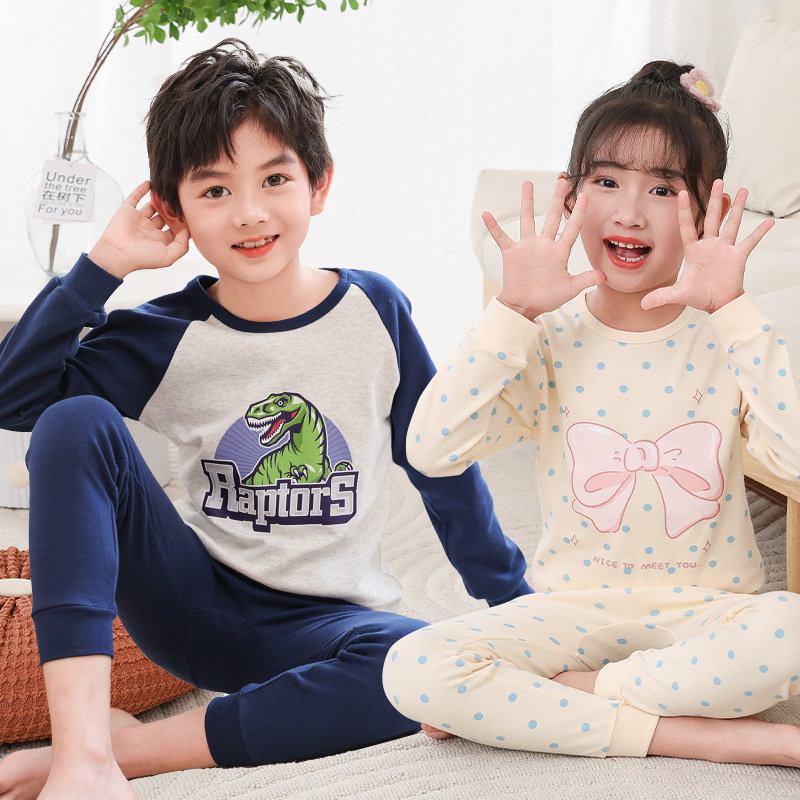 가을과 겨울 어린이 속옷 세트 소년 소녀 순면 가을 옷 가을 바지 어린이 병 만화 크루 넥 잠옷