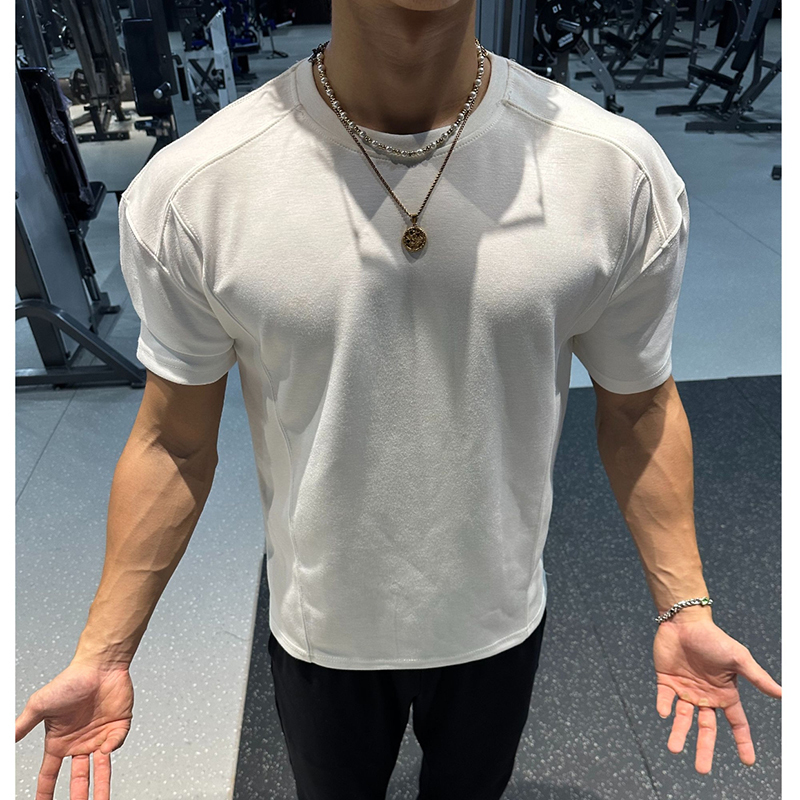 White American-Style Fitness Short-Sleeve Men's Autumn and Winter Boxy Regular Shoulder T-Shirt Cleanfit Slim-Fit Base Shirt