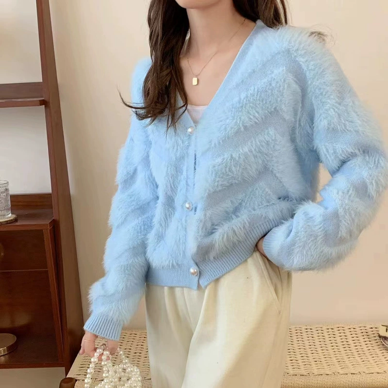 Мягкий восковой свитер с v-образным вырезом и длинными рукавами в милом стиле, осенне-зимняя атмосфера, западный стиль, уменьшающий возраст, свободный повседневный вязаный кардиган