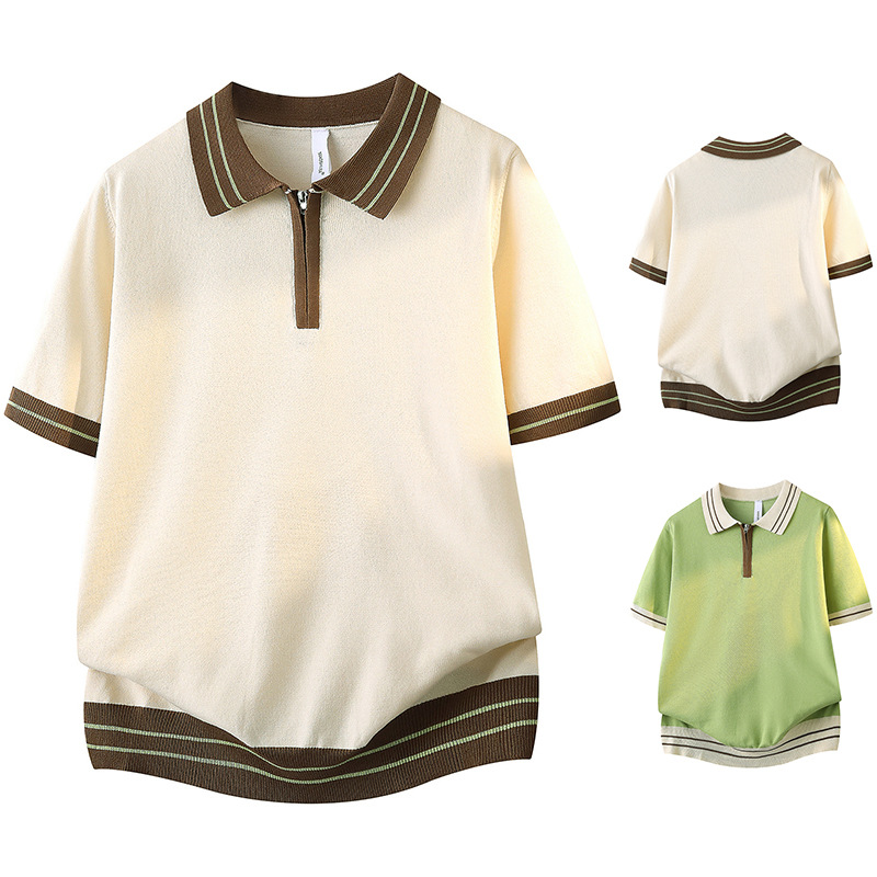 Polo camiseta collar camiseta de punto camiseta de manga corta camiseta de hombre medio cremallera color viejo dinero viento hielo seda fábrica de verano transfronteriza al por mayor