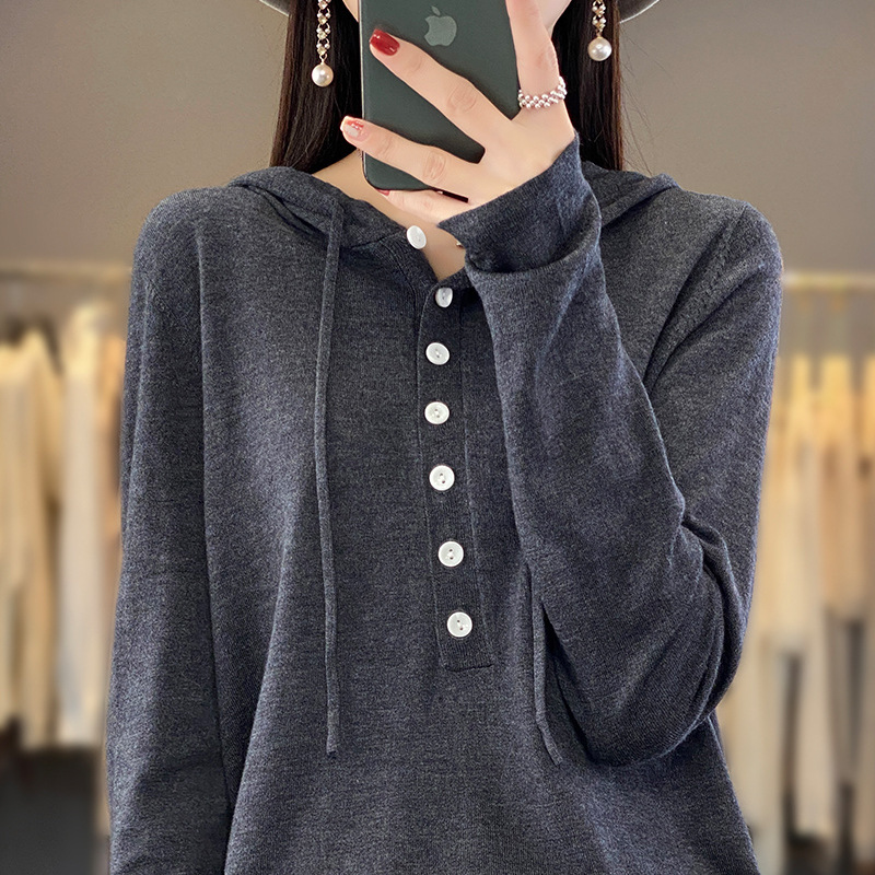 2025 Spring and Summer New Arrival Worsted Wool Hooded Knitwear Long Sleeve Solid Color Button Loose Pullover Base Shirt for Women