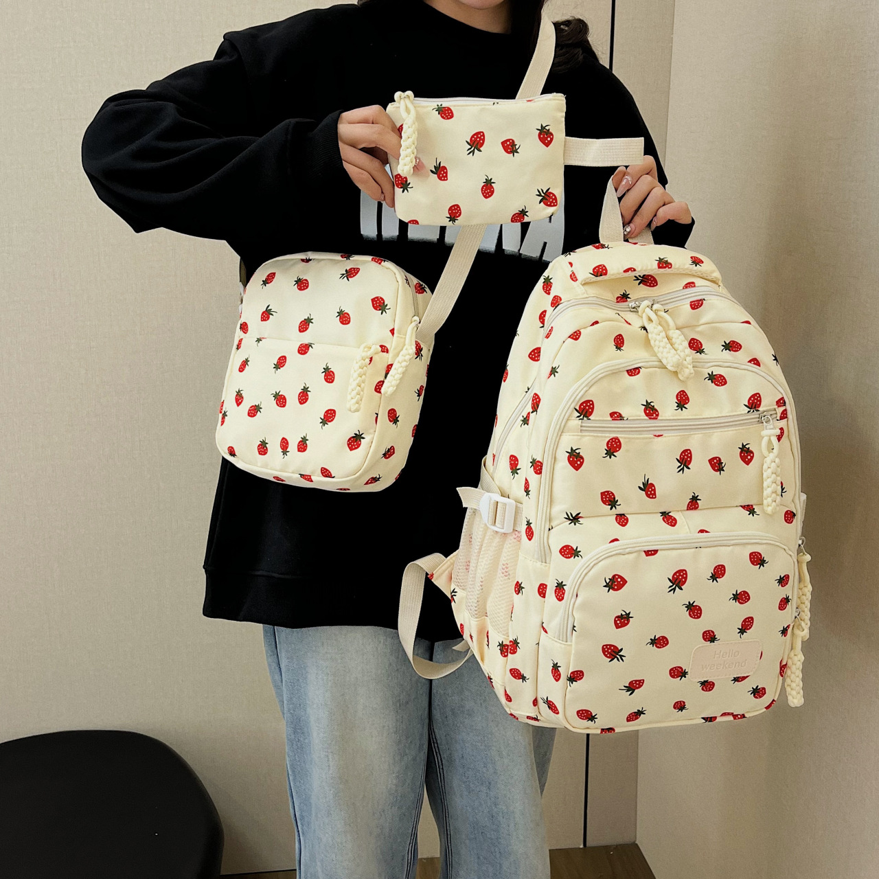 初高中大学生书包女韩版ins简约可爱校园风休闲包樱桃草莓双肩包