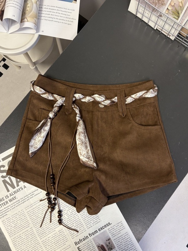 韩版时尚百搭系带高腰显瘦鹿皮绒短裤阔腿裤休闲裤靴裤女秋冬新款|undefined