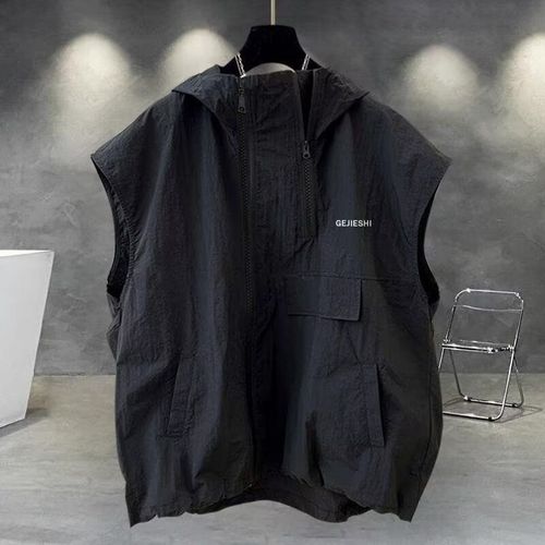 Summer workwear zipper design sleeveless T-shirt men Korean version trend casual couple hooded waistcoat vest loose