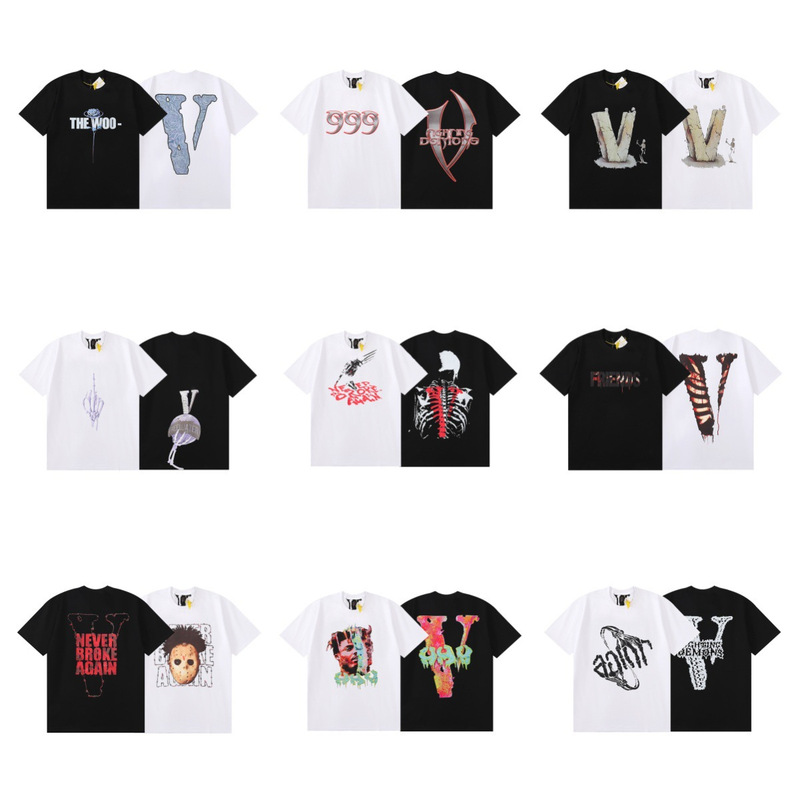 American High Street Fashion Brand Vlone Men's and Women's Summer Casual Loose Large V Printed Cotton Round Neck Short-Sleeved T-Shirt
