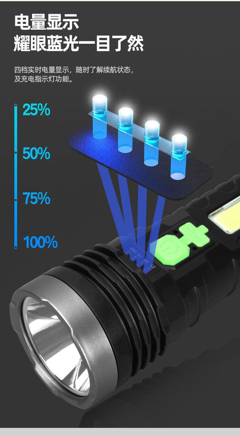 822LED太阳能充电强光手电筒 COB侧灯塑料 USB充电远射 家用照明详情23