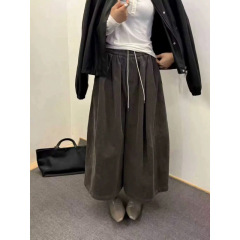 韩系复古简约气质净色灯芯绒抽绳高腰长裤百搭宽松显瘦休闲阔腿裤