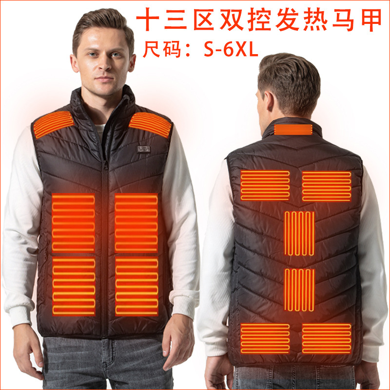 Zona transfronteriza 13 Calentamiento Chaleco de algodón Chaleco de calefacción eléctrica de doble interruptor inteligente para hombres Ropa de calefacción térmica de temperatura constante