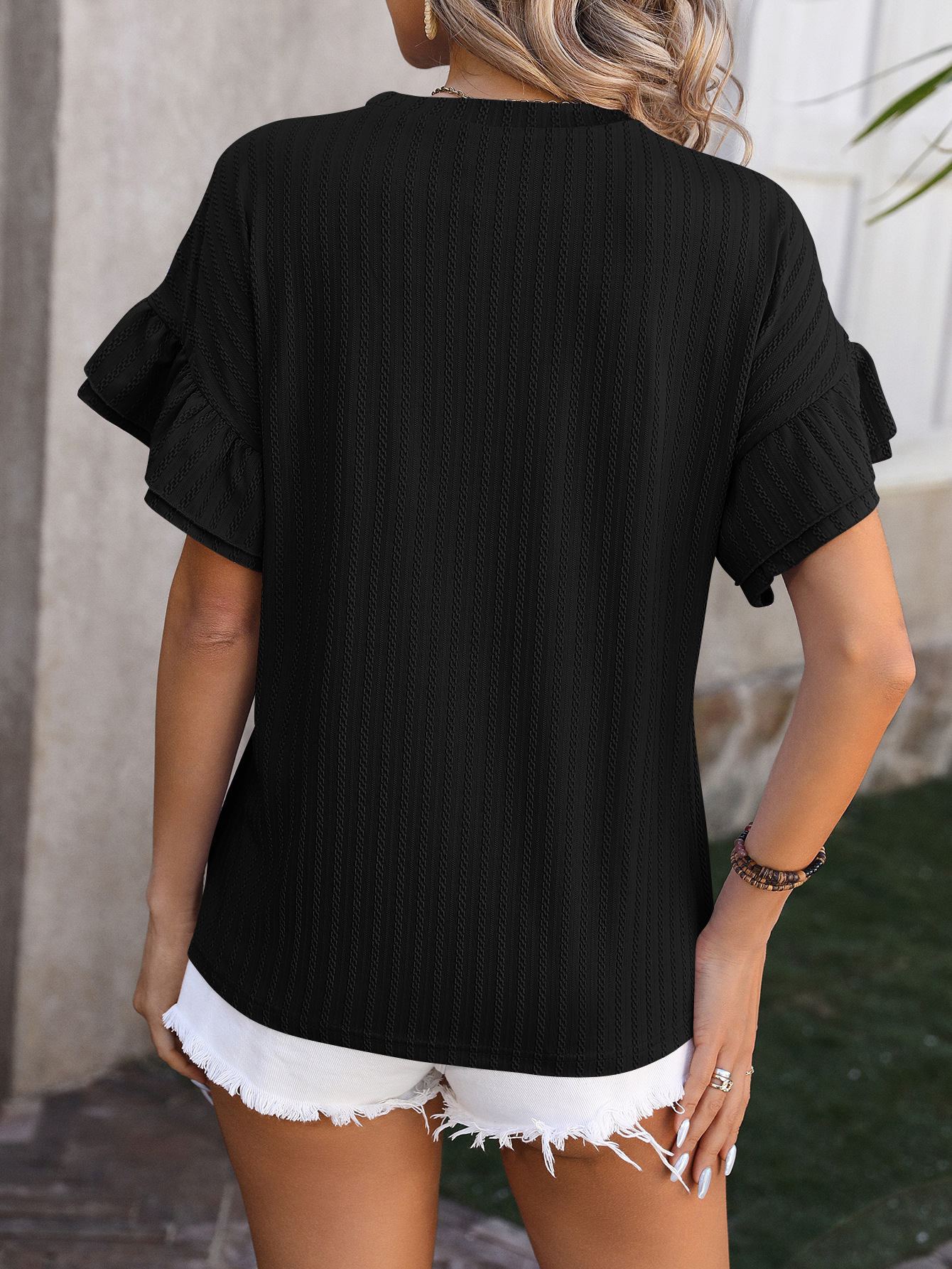 210g Weight Short Sleeve Sleeve Length Pullovers Placket Type Flounce Sleeve Sleeve Type Spandex, Polyester Fabric Type Regular Top Length T-shirt Tops Type Daily Occasion Round Neck Neckline Loose Fit Type Solid Color Pattern Summer, Spring Season Women's Gender Elegant Style Wholesale Women's Elegant Solid Color Short Sleeve T-Shirts 13