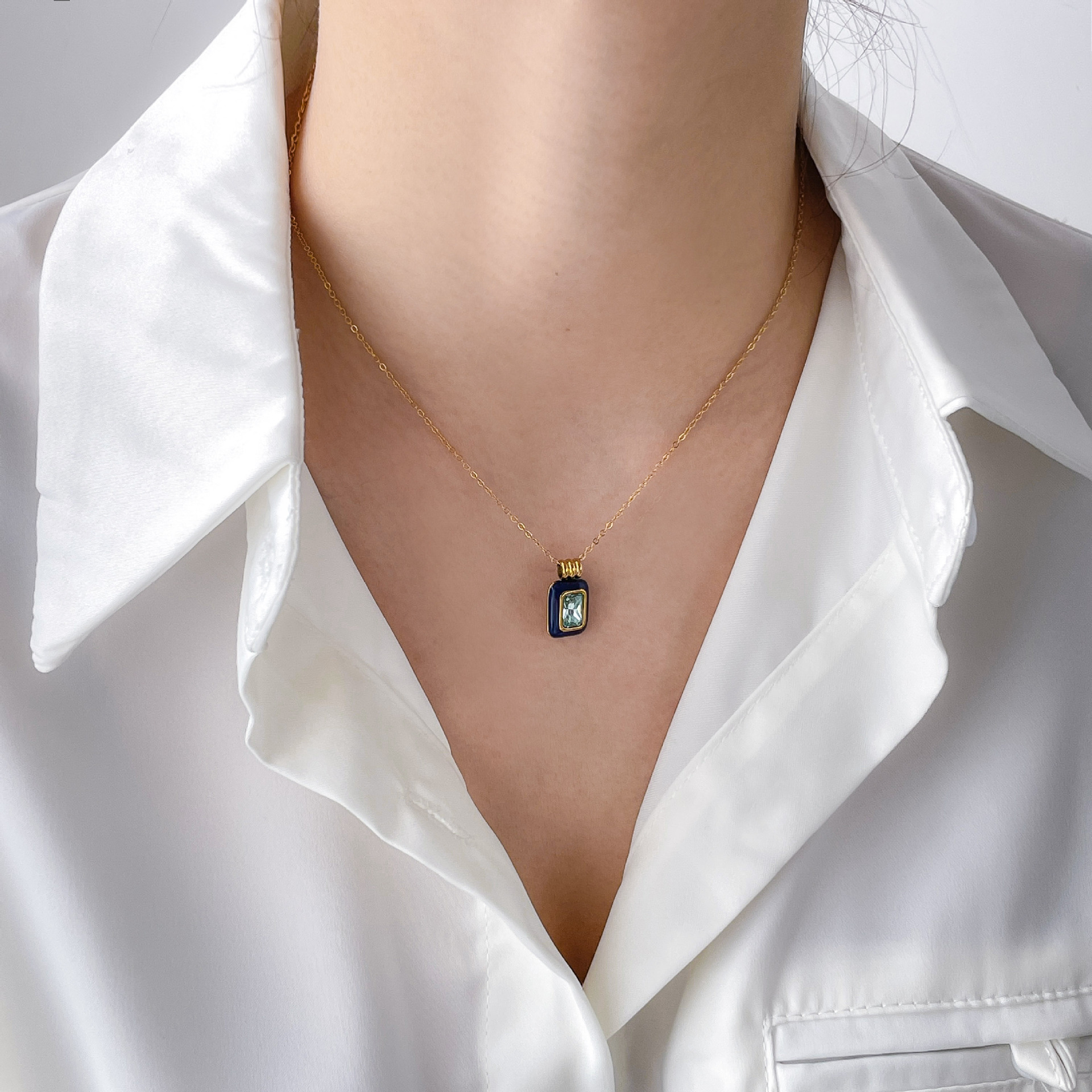 IG Style Square Titanium Steel Enamel Inlay Zircon Pendant Necklace_colorza_4